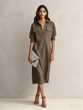 Modesees NWT Cotton Linen Blend Safari Shirt Midi Dress Minimalist Quiet Luxury